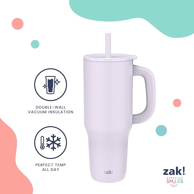 Zak Designs Sutton Travel Tumbler for On the Go, 40oz Stainless Steel with Vacuum Insulation, Silicone Straw, and Carry Handle for Cold Drinks (Smoky Lilac Purple)