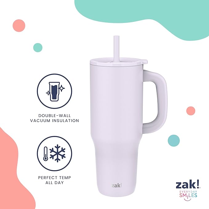 Zak Designs Sanrio Sutton Travel Tumbler for On the Go or At Home, 40oz Stainless Steel with Vacuum Insulation, Silicone Straw, and Carry Handle for Cold Drinks (Hello Kitty)