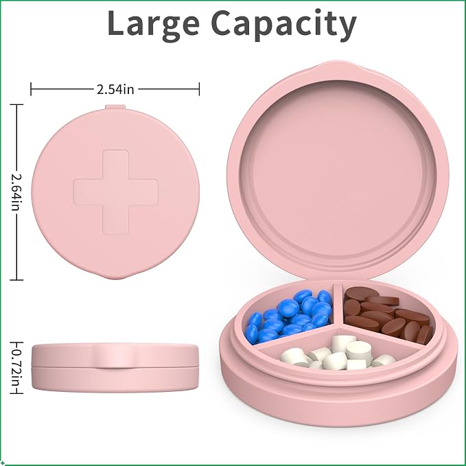 2 Pack Small Pill Box, 3 Compartment Round Silicone Travel Pill Box