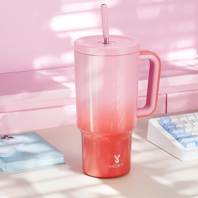 Meoky 30 oz Tumbler with Handle, Tumbler with Lid and Straw, Insulated Stainless Steel Travel Mug, 100% Leak-proof, Cupholder Friendly, Keeps Cold for 24 Hours or Hot for 8 Hours (Flamingo)