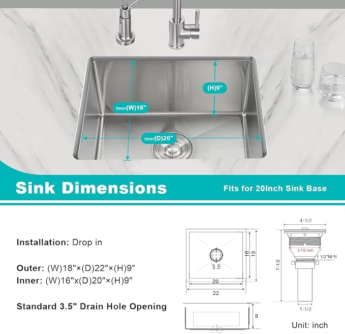 22 Inch Kitchen Bar Sink Undermount, 304 Stainless Steel Handmade Single Bowl