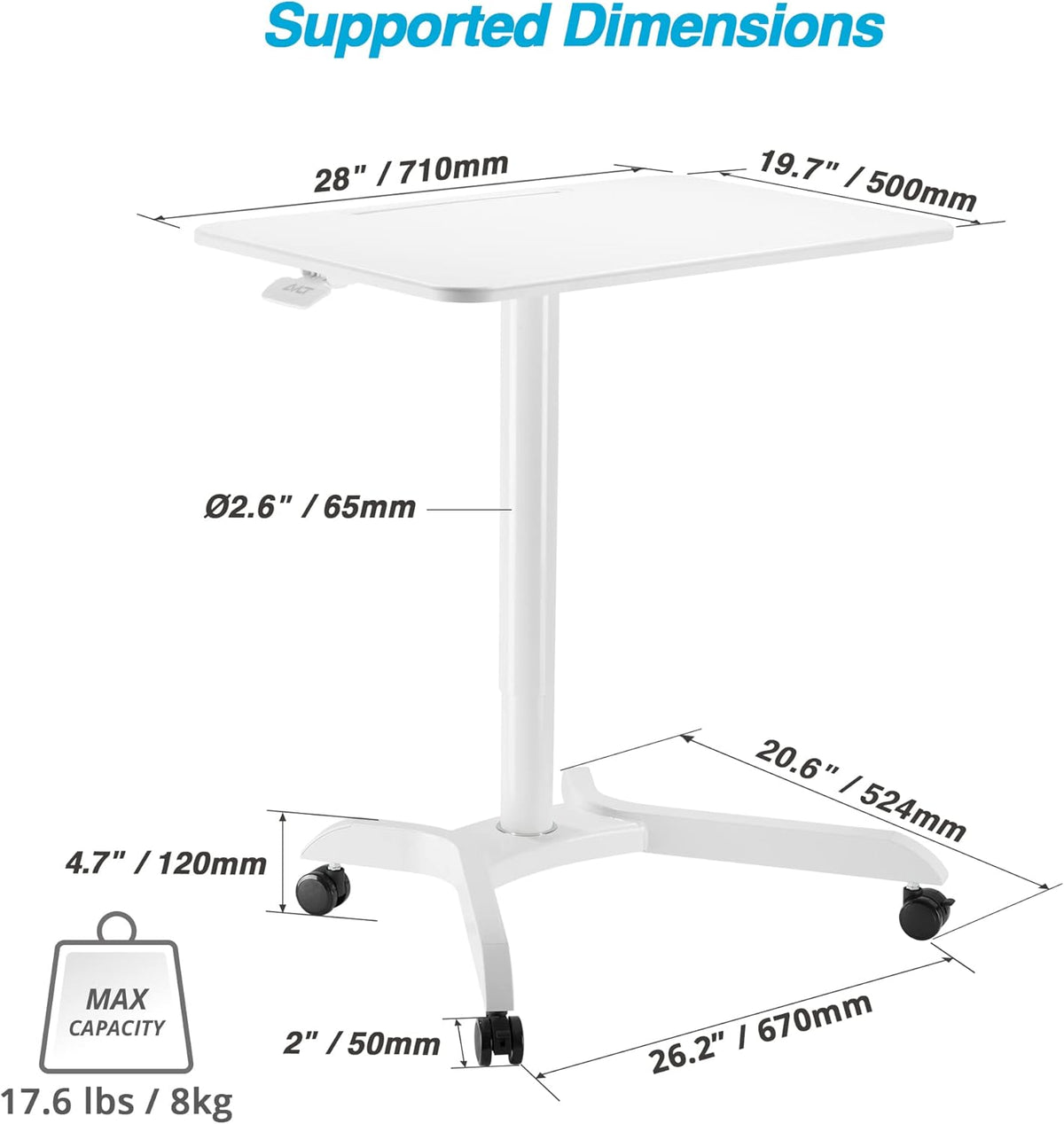 AVLT 48" Ambidextrous Standing Desk, Mobile Adjustable Height Rolling Laptop Desk, Folding Computer Projector Cart with Brake Casters, Portable White Desk for Home Office