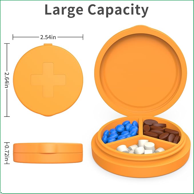 2 Pack Small Pill Box, 3 Compartment Round Silicone Travel Pill Box