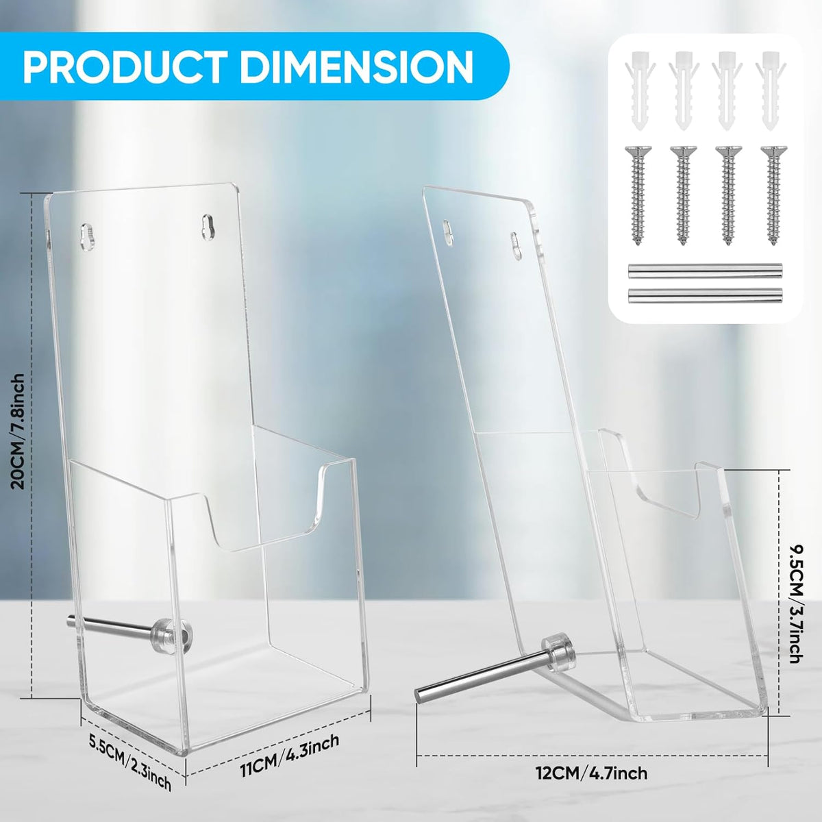 Acrylic Brochure Holder 2 Pack Clear 3 mm Thick Convertible Wall Mount & Desktop Display Stand for Flyers Menus Posters Office Retail Restaurant (2 Pack, 4.3*7.8inch)