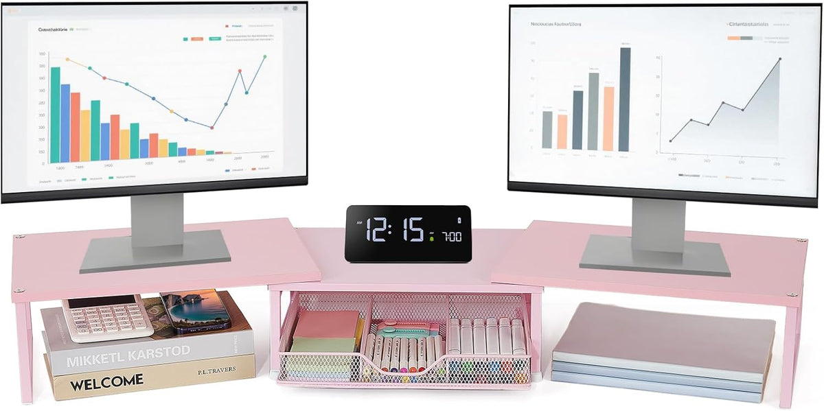Dual Monitor Stand Riser, Desk Organizer with Drawer, Office Desk Organizers and Accessories, Office Workspace Organization Computer Monitor Stand for Laptop, Printer, TV（Pink）