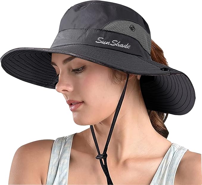 ZOORON Women's Ponytail Safari Sun Hat, Wide Brim UV Protection Outdoor Bucket