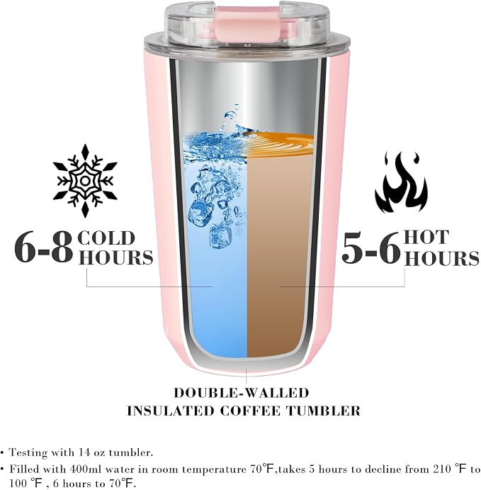 Puraville Insulated Tumblers with Lid, 14 oz Travel Coffee Mug Stainless Steel Vacuum Cup, Leak Proof Reusable Double Walled Coffee Tumbler for Iced and Hot Drinks, Pink