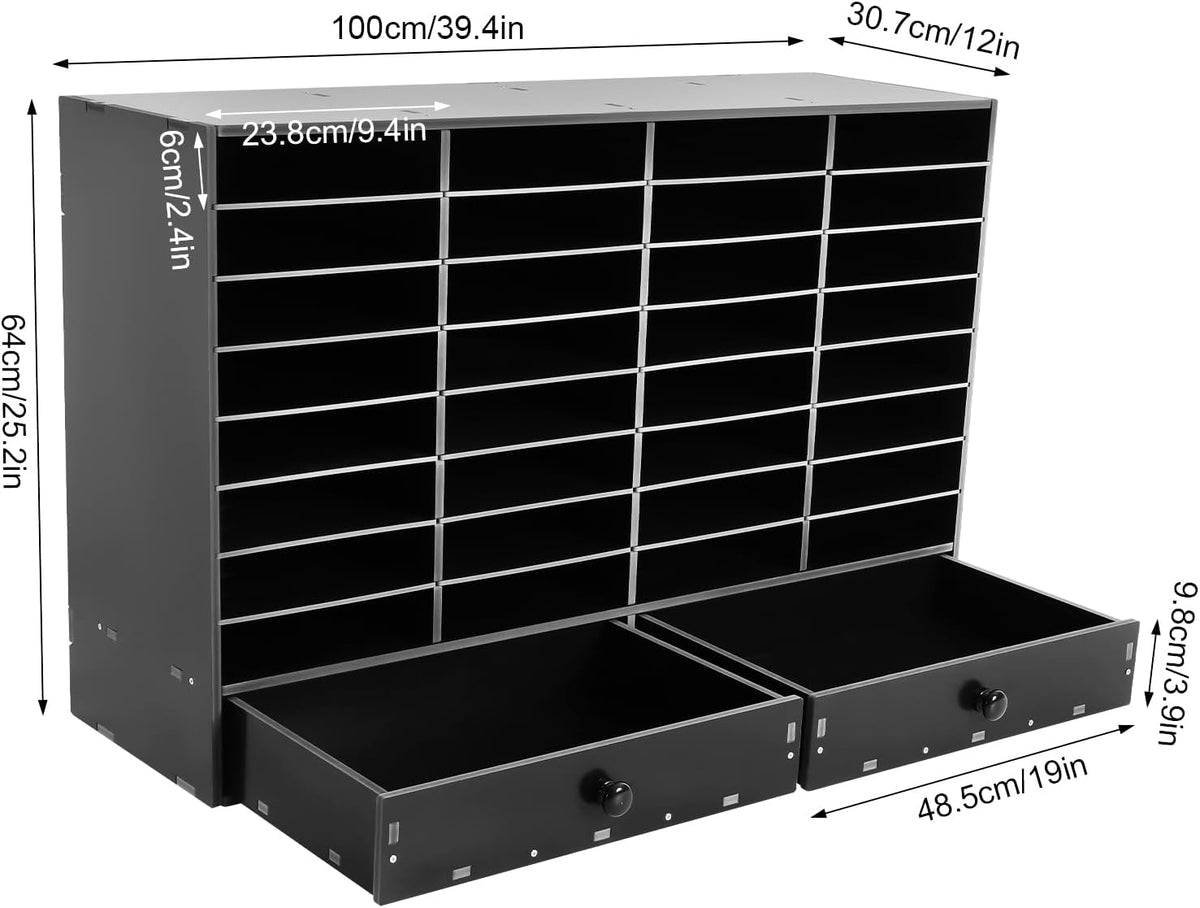 Adjustable Literature Organizer, 32 Slots File Folder Organizer Storage Rack Desktop Letter Office Cabinet 32 Compartment with 2 Drawers Paper Storage Cabinet for Classroom (32+2-Slot-Black)