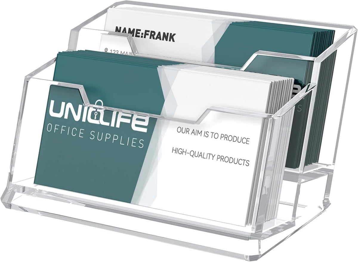 Uniclife Acrylic Business Card Holder for Desk 2 Slots Clear Business Card Display Stand for Men & Women Desktop Business Card Organizer Card Stand for Office Home Exhibition, 120 Card Capacity