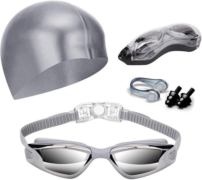 Swim Goggles Swimming Goggles No Leaking with Nose Clip, Earplugs, Swim Cap and Case for Men Women