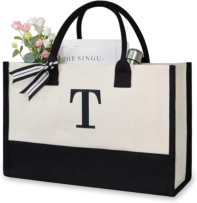 TOPDesign Embroidery Initial Canvas Tote Bag, Personalized Present Bag
