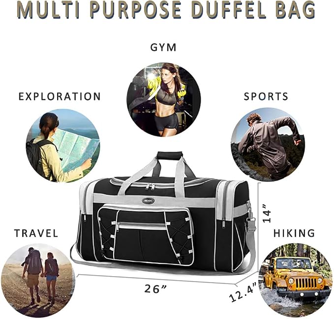 Travel Duffle Bags for Men 26" Black Weekender Over Night Carry On Bag