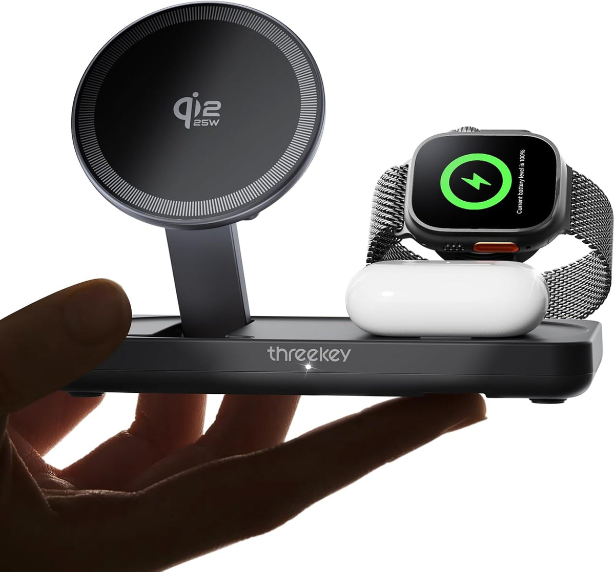 Qi 25W MagSafe 3-in-1 Wireless Charging Station, MFI Certified by Apple, Fast Foldable Charger Stand for iPhone 17/16/15/14/13/12 Pro Max, Apple Watch, AirPods(45W Adapter Included)