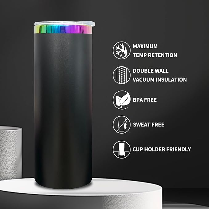 20 oz Skinny Tumblers Stainless Steel Tumbler with Lid and Straw Double Wall Vacuum Insulated Coffee Mug 20oz Powder Coated Cup for Hot and Cold Drinks(Black,4 pack)