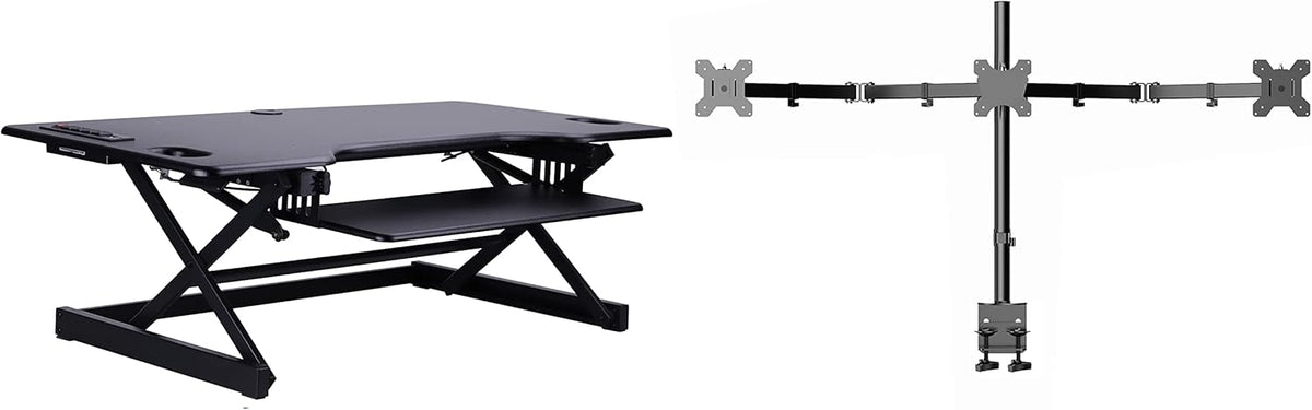 Rocelco 46" Standing Desk Converter with AC USB Charger and Triple Monitor Mount Arm - Height Adjustable Sit Stand Up Three Screen Riser Workstation - Keyboard Tray - Black (R DADRB-46-ACUSB-DM3)