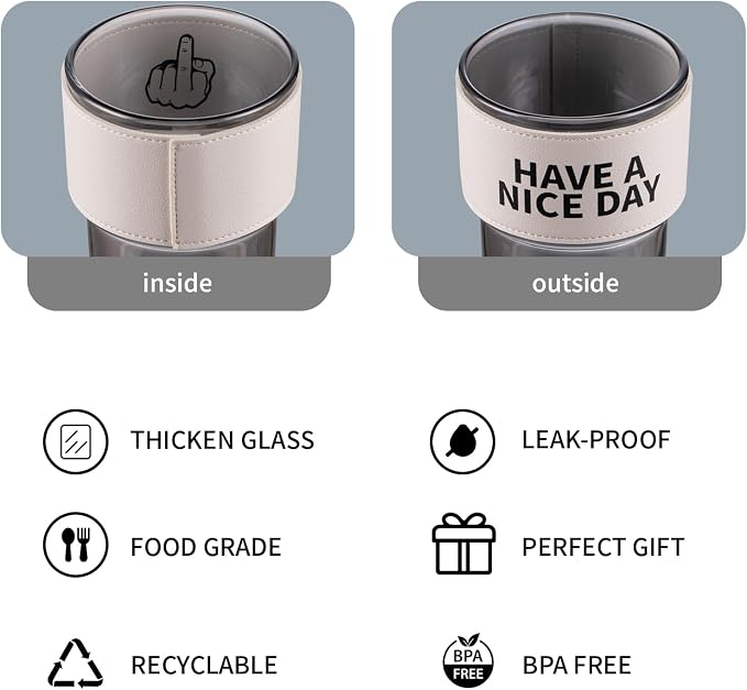 BLUEPOLAR 13oz/400ml Glass Water Tumbler with Straw and Lid Sealed Carry on Thick Wall Iced Coffee Cup for Water, Iced Tea, Fruit Juice (Have a Nice Day)