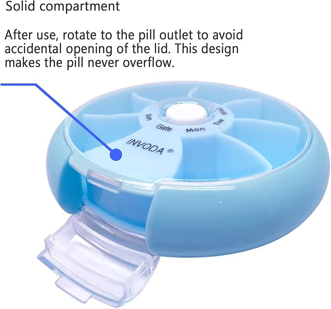INVODA Weekly Pill Organizer 7 Compartment Rotating Pill Box