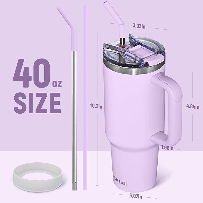 40 oz Tumbler with Handle and Straw Lid,Insulated Reusable Stainless Steel Water Bottle Travel Mug，Cupholder Friendly Double Wall Vacuum Sealed Cup (Lavender Purple)