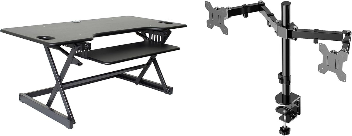 Rocelco 46" Large Height Adjustable Standing Desk Converter with Double Monitor Mount Arm BUNDLE - Quick Sit Stand Up Computer Workstation Riser - Retractable Keyboard Tray - Black (R DADRB-46-DM2)