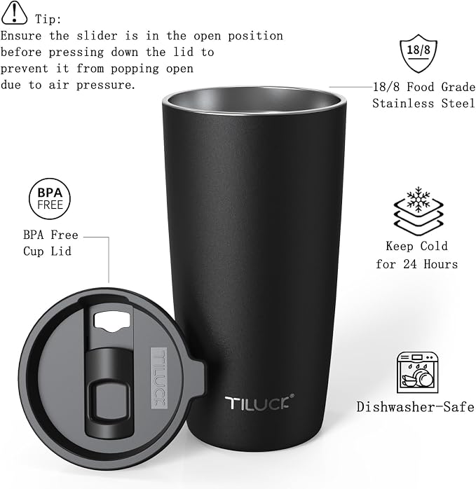 TILUCK 20 oz Insulated Tumbler with BPA-Free Lid, Stainless Steel Vacuum Travel Coffee Mug, Double Wall Coffee Tumbler（20oz，Matte Black）