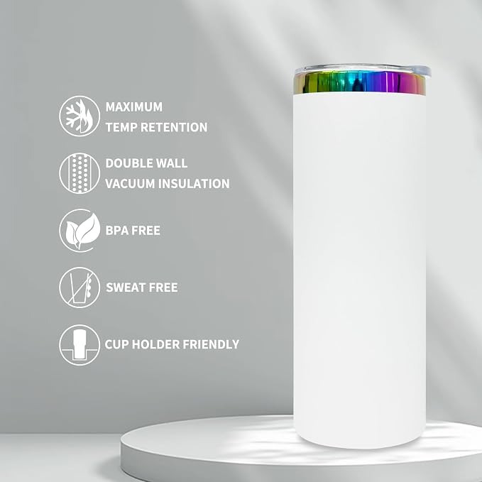 20 oz Skinny Tumblers Stainless Steel Tumbler with Lid and Straw Double Wall Vacuum Insulated Coffee Mug 20oz Powder Coated Cup for Hot and Cold Drinks(White,1 pack)