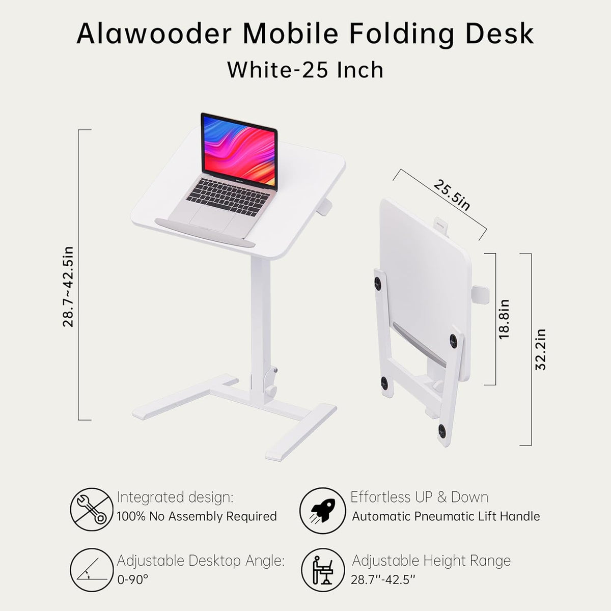 Mobile Folding Desk 25 Inch - No Assembly Sit-Stand Desk,Height Adjustable Rolling Laptop Desk, Space-Saving Portable Desk with Wheels for Home Office Craft & Study, White