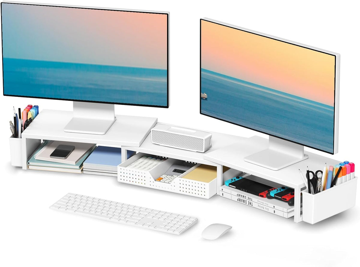 White Dual Monitor Stand Riser, Metal Desk Organizers and Accessories with Drawer and 2 Pen Holders, Computer Monitor Stand for Desk