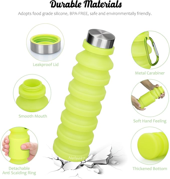 Nefeeko Collapsible Water Bottle, Reuseable BPA Free Silicone Foldable Water