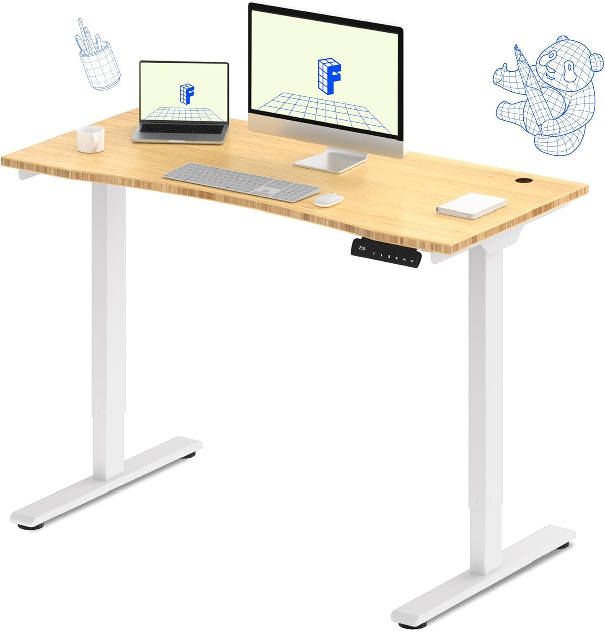 FLEXISPOT E3 Bamboo Dual Motor 48x24 Inch Electric Height Adjustable Standing Whole-Piece Board Sit Stand Up Desk (White Frame + Bamboo Curved Desktop)