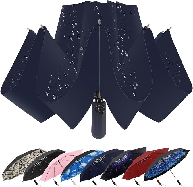 Compact Inverted Travel Umbrella, Automatic Open Close, 9-Rib 46 Inch Windproof