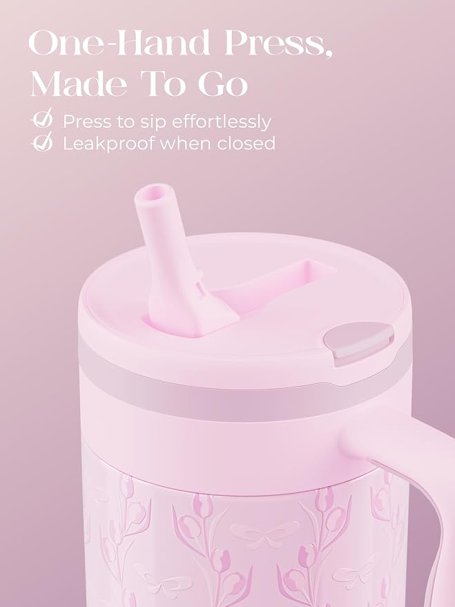 40 oz Insulated Tumbler with Handle and Push-Button Straw Lid, Stainless Steel Travel Cup for Gym Office, Leakproof, BPA-Free, Cup Holder Friendly, Bow Silicone Boot, Purple (Tulip Lilac)