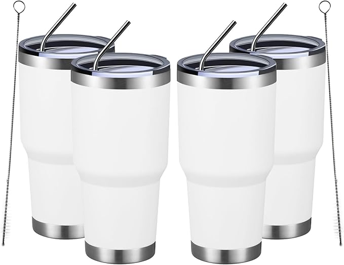 MEWAY 30oz Insulated Tumbler With Lids and Straws,Stainless Steel Double Vacuum Coffee Tumbler Cup, Brush, Durable Powder Coated Coffee Cup for Cold & Hot Drinks, Office(White,4 PACK)