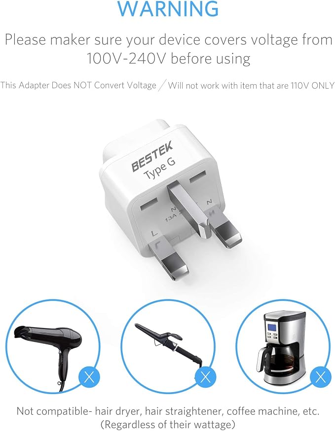 BESTEK UK Travel Plug Adapter Set, Grounded Universal Power Plug Adapter