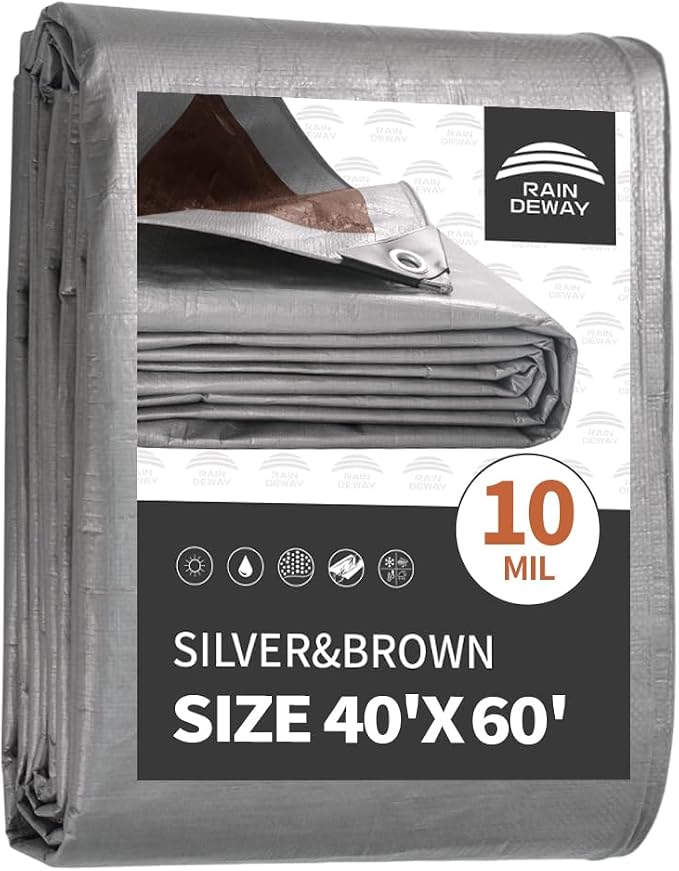 RAINDEWAY Tarps Heavy Duty Waterproof 40x60 Feet, 10 Mil Thick Multipurpose UV