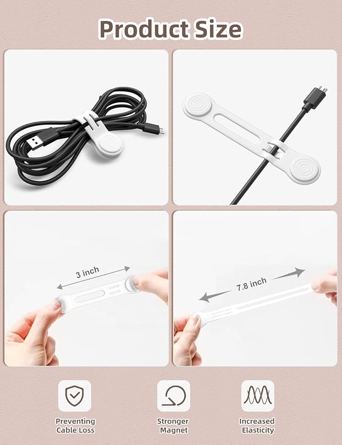 Kanemc 8 Pack Magnetic Twist Ties, Silicone Magnet Cable Tie Reusable Cord Strap