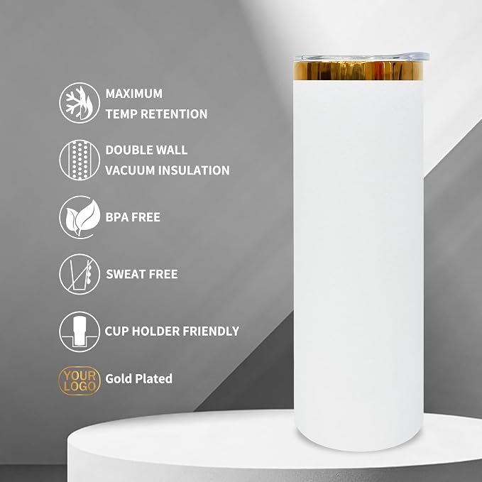 20 oz Skinny Tumblers Stainless Steel Tumbler with Lid and Straw Double Wall Vacuum Insulated Coffee Mug 20oz Powder Coated Cup for Hot and Cold Drinks(White,8 pack)