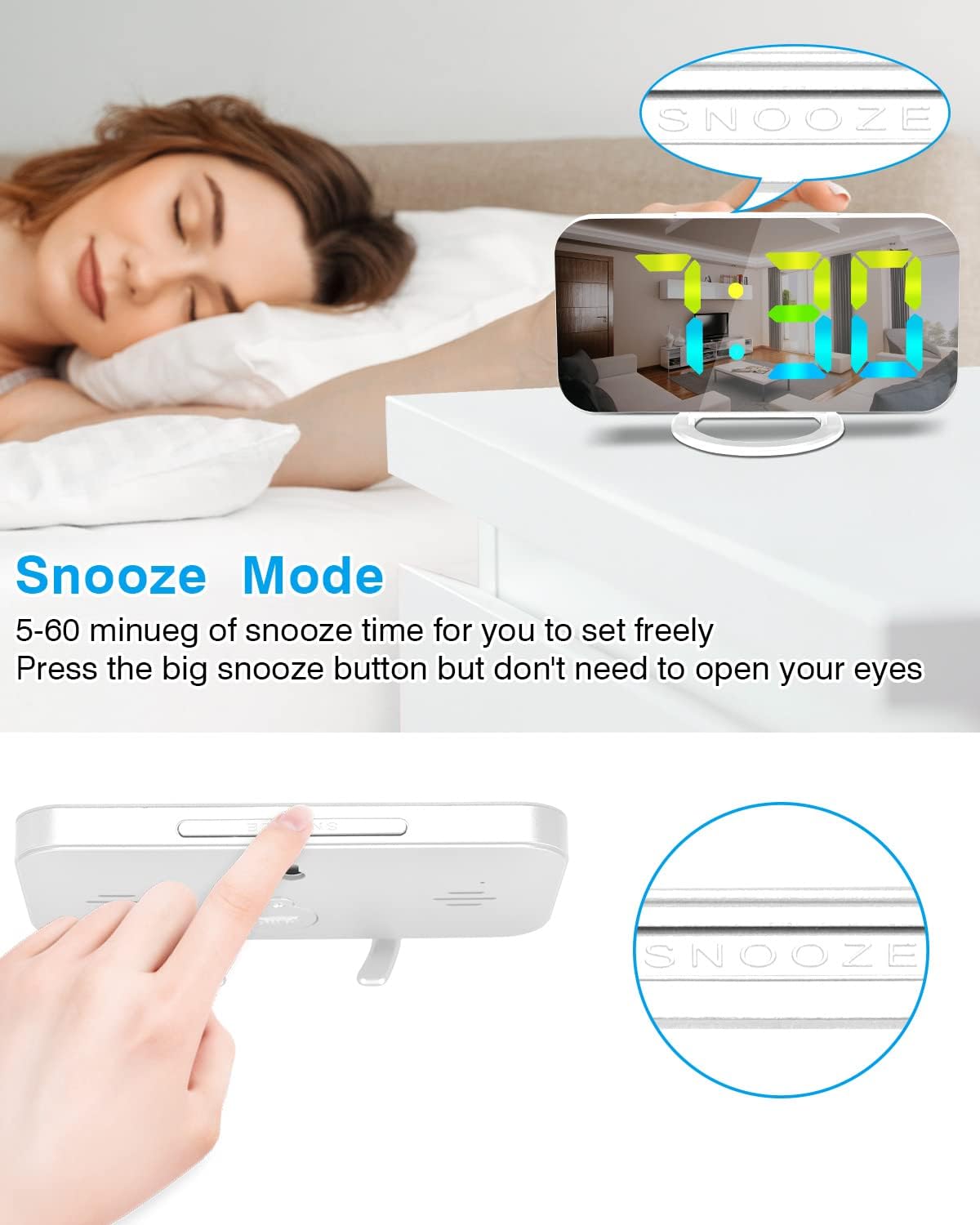 SZELAM Digital Alarm Clock,LED RGB Colorful Clocks,with Mirror Surface Large Display,2 USB Charger Ports,Auto Dimming,Modern Desk Clock for Bedroom Home Office Decor- White