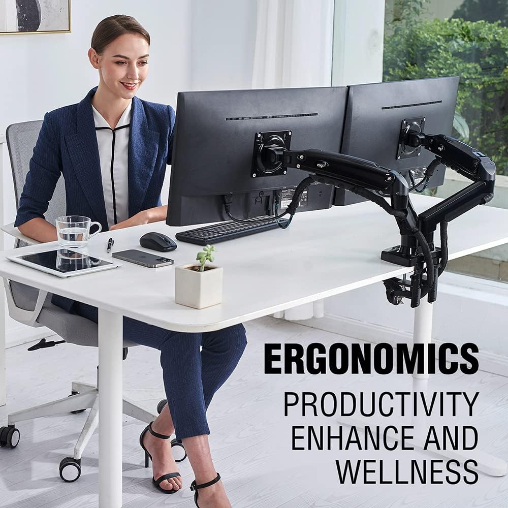 ELG Full Motion Swivel Dual Monitor Desk Mount Stand Gas Spring for Two Screens 17” to 35'' (4.4lbs to 19.8lbs Load for Each Display), Computer Monitor Stand F160N, Black