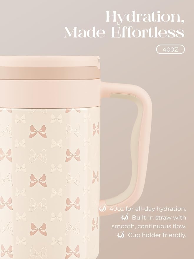 40 oz Insulated Tumbler with Handle and Push-Button Straw Lid, Stainless Steel Travel Cup for Gym Office, Leakproof, BPA-Free, Cup Holder Friendly, Bow Silicone Boot, Cream (Bow Cream)