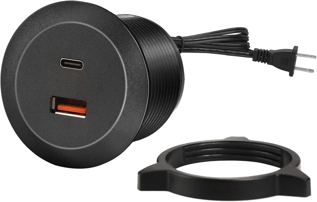Desk USB Power Grommet Outlet, Built-in 1 USB-A and 1 USB-C Ports, USB Hub for Sofa, Couch, Table, Bedside, Workbench, Office, Home, 5 FT Power Cord
