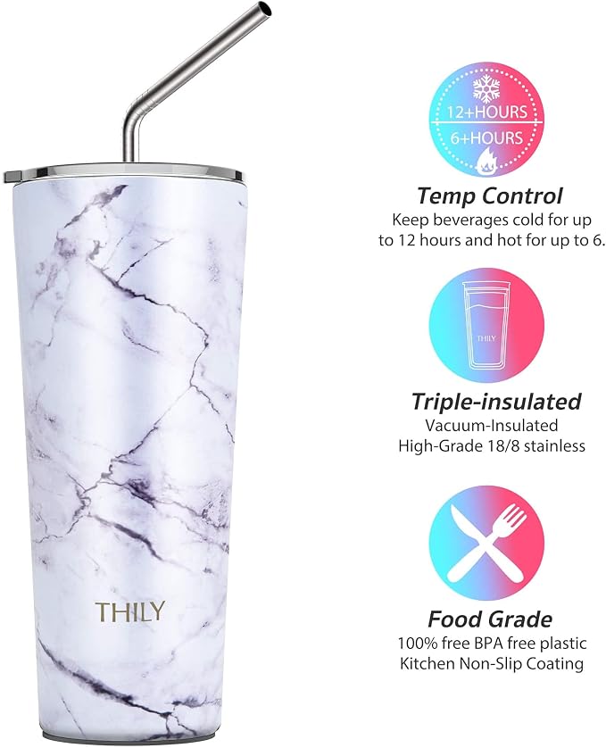 THILY Stainless Steel Vacuum Insulated Tumbler Travel Mug 26 oz Coffee Cup