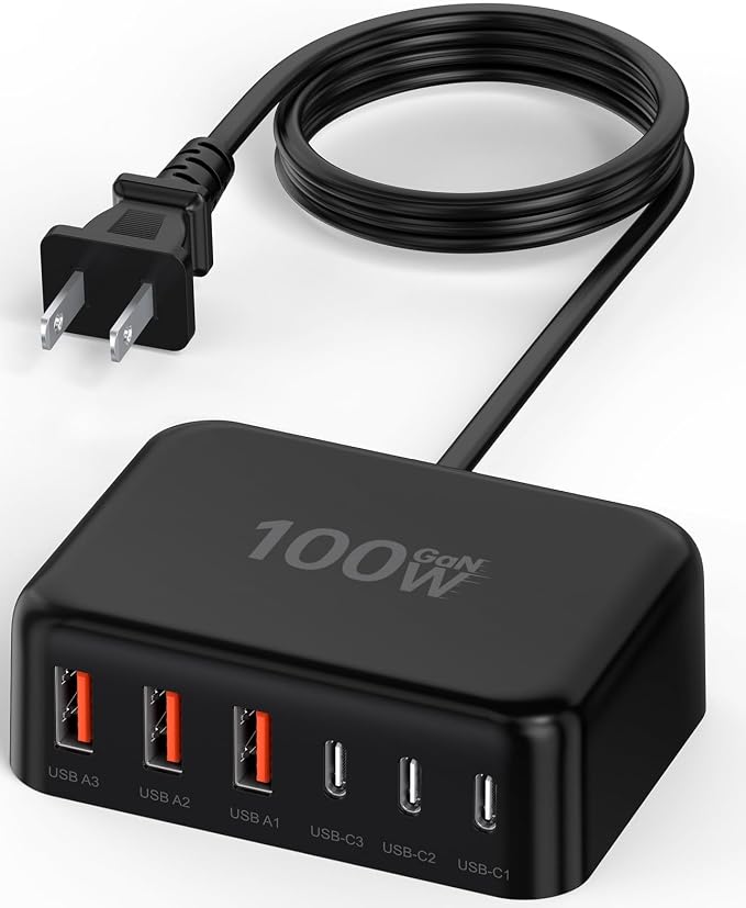 USB C Charger Block, 100W GaN 6 Port PD USB C QC USB A Wall Charger Adapter