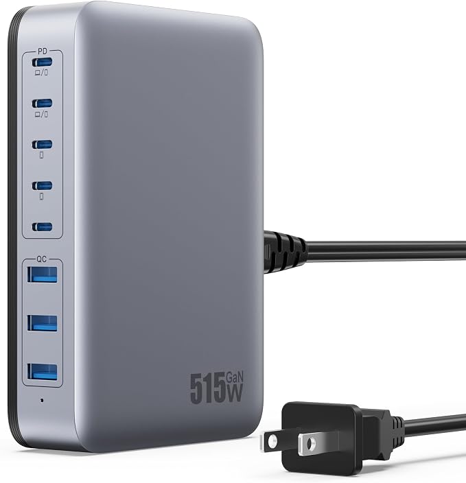 USB C Charger Block 515W GaN IV 8 Port Fast Charging Station Hub, Dual PD 100W