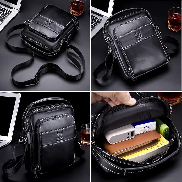 KPYWZER Genuine Leather Shoulder Bag Small Men Messenger Pack Handbag Sling