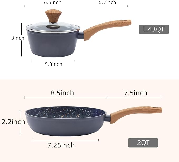 Nonstick Cookware Set, 2-Piece Non-Toxic Coated 8.5 Inch Frying Pan & Saucepan