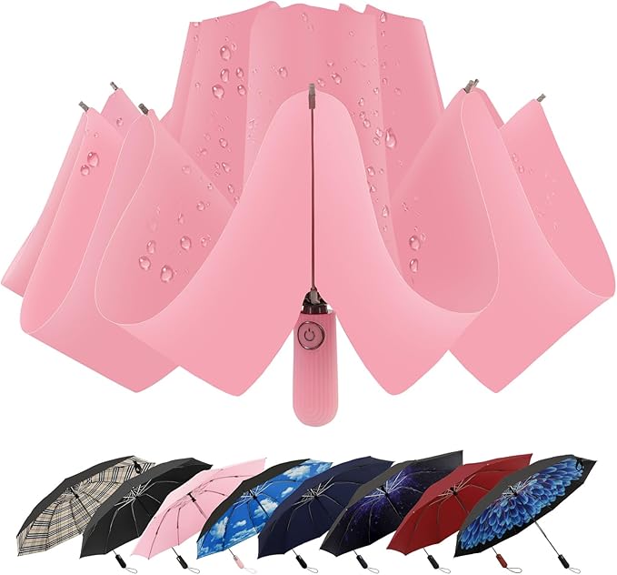Compact Inverted Travel Umbrella, Automatic Open Close, 9-Rib 46 Inch Windproof