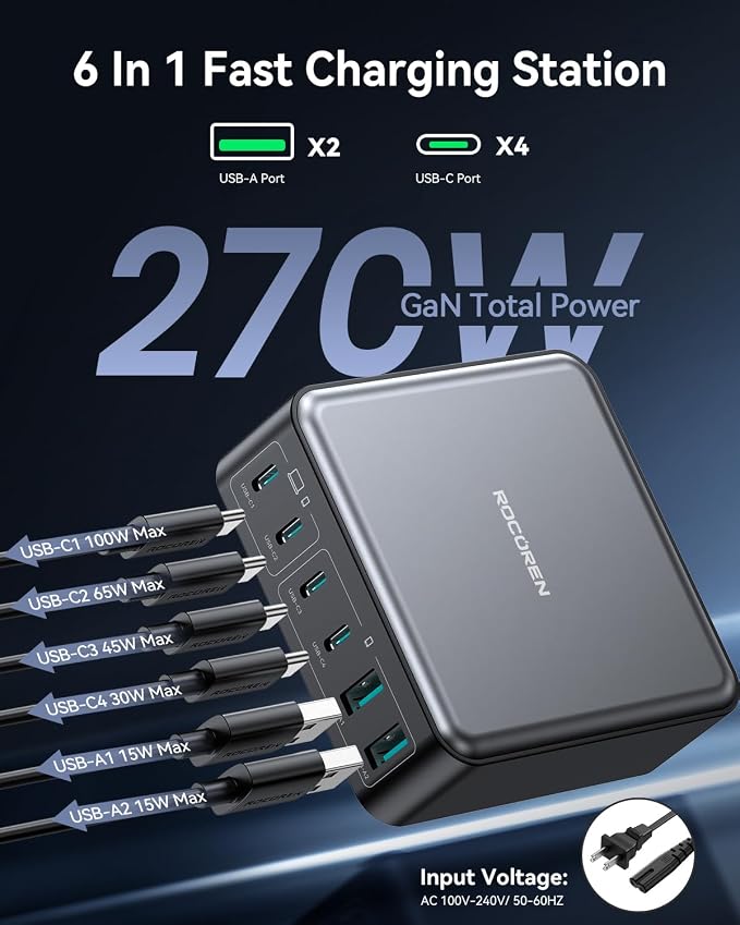 270W USB C Charger Block, Rocoren 6 Port Multi USB-C Charging Station, 100W PD