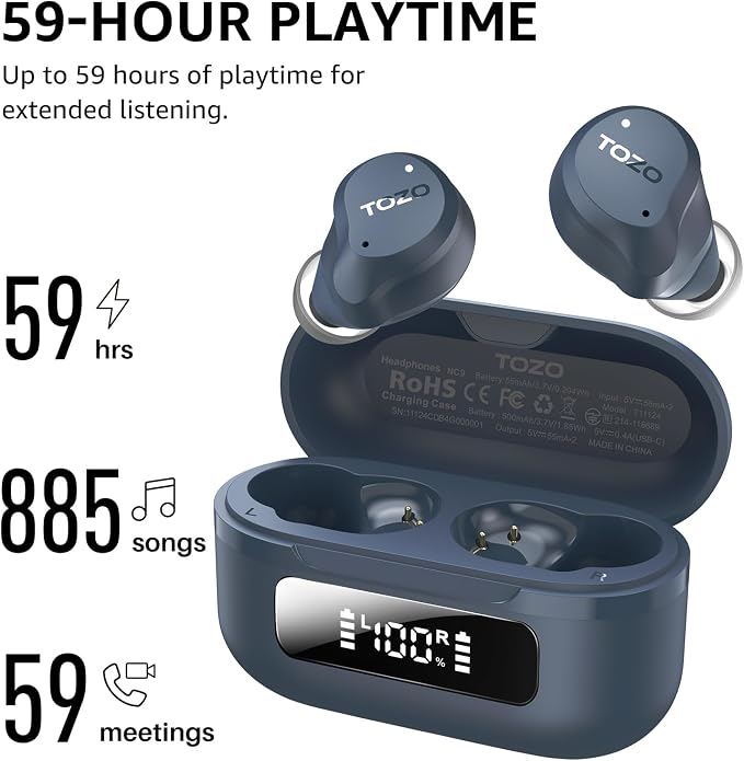 TOZO NC9 Hybrid Active Noise Cancelling Wireless Earbuds, 6 Mics ENC Clear Call
