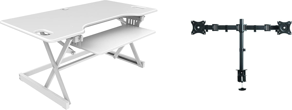 Rocelco 46" Large Height Adjustable Standing Desk Converter with Double Monitor Mount BUNDLE - Quick Sit Stand Up Computer Workstation Riser - Retractable Keyboard Tray - White (R DADRW-46-DM2)