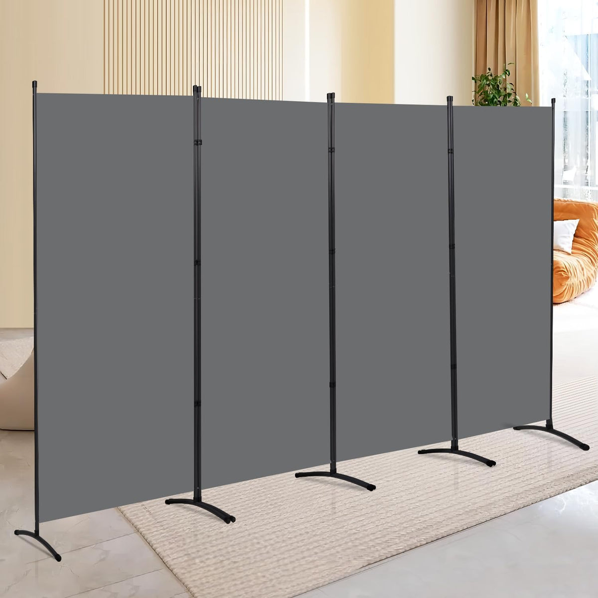 4 Panel Folding Privacy Screens, 6 FT Tall Wall Divider with Metal Frame, Freestanding Room Divider for Office Bedroom Study (4 Panel, Grey)